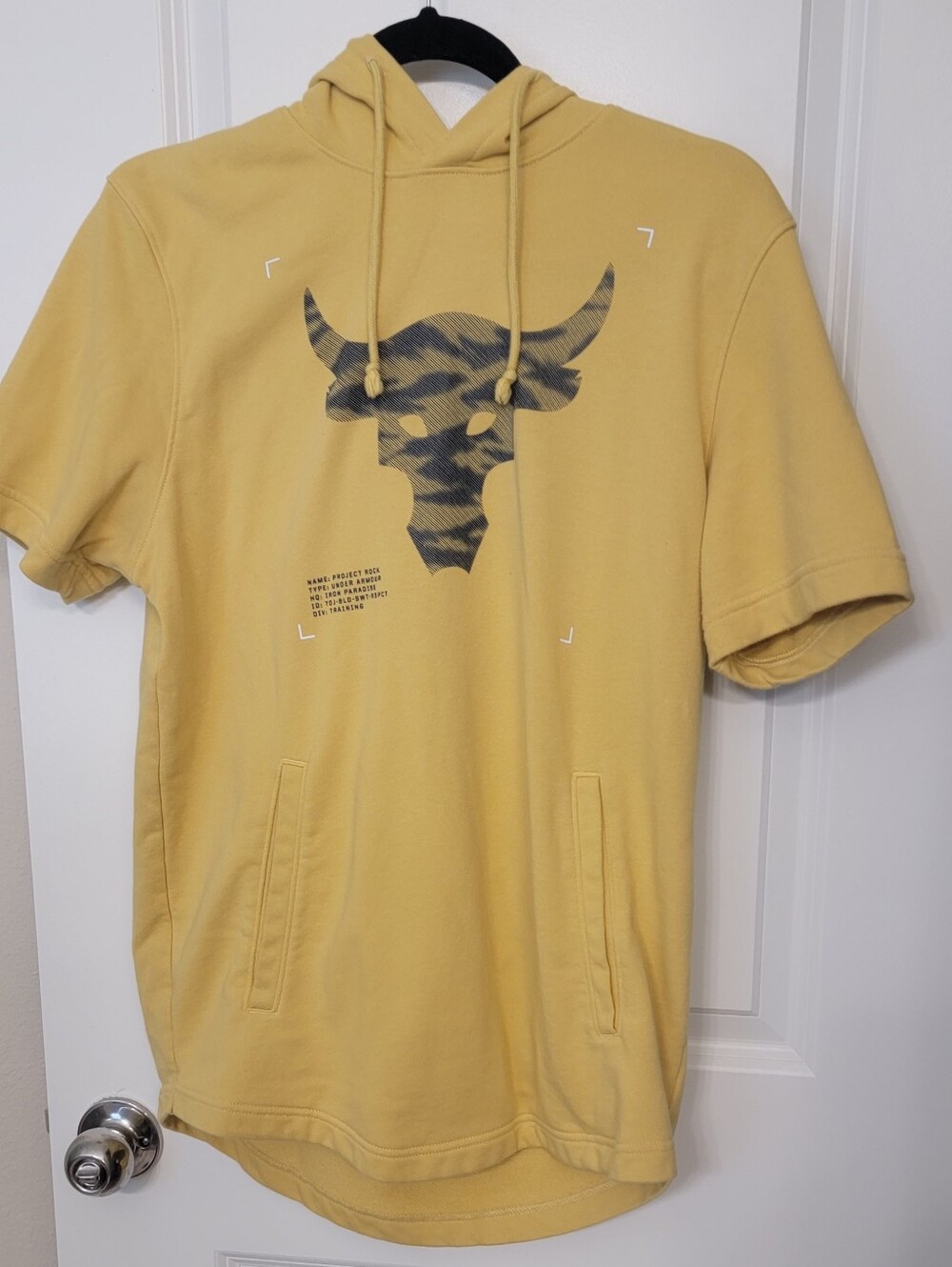 Under Armour Men's Short-Sleeve Hoodie in Mustard Yellow with Camo Bull Graphic